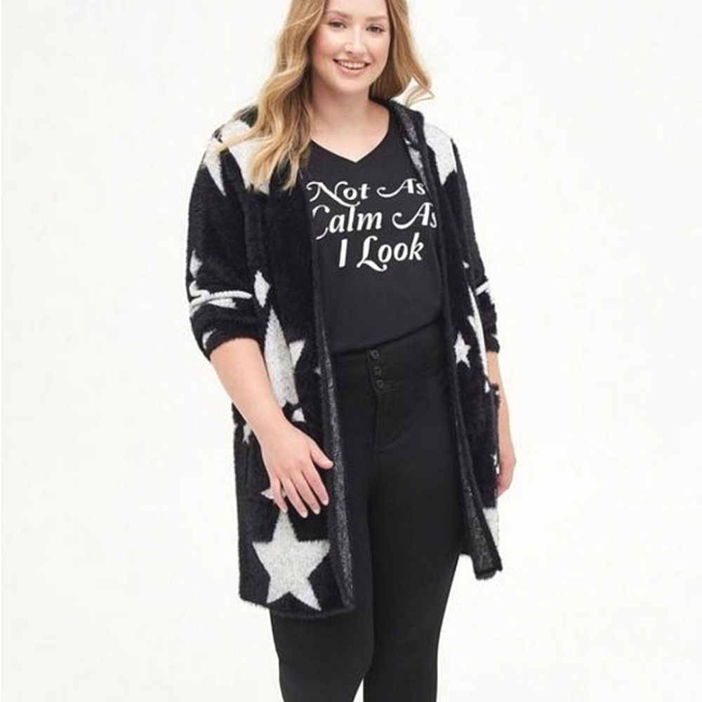 Torrid Plus Black & White Hooded Star Cardigan - Picture 3 of 8